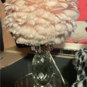 Feather Pom-Pom Pink Table Lamp with Crystal Base
